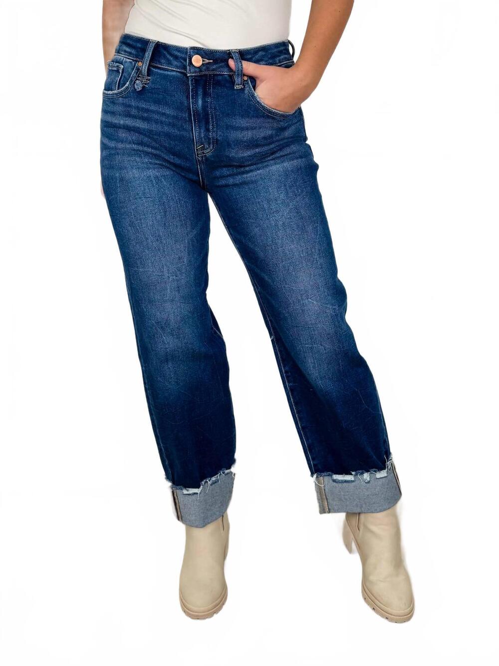 NEW RISEN julie high-rise cuffed boyfriend jeans in dark wash denim